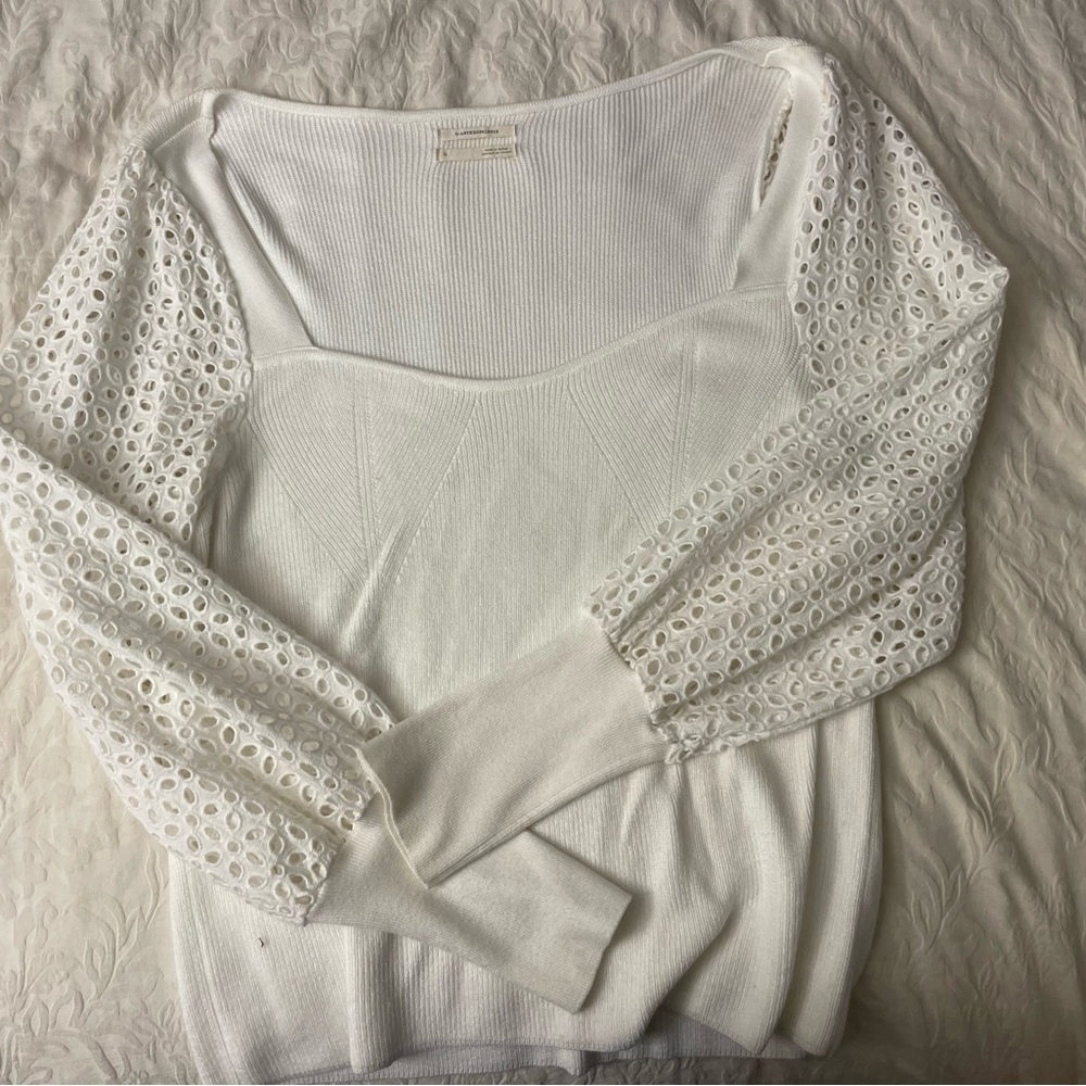 By Anthropologie Eyelet Sleeve Sweater in White